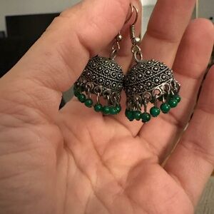 Silver-Tone Jhumka Earrings with Green Bead Fringe
